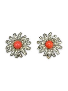 Vintage Art Deco Pave Set Crystal & Coral Cabochon Flower Dress Clips